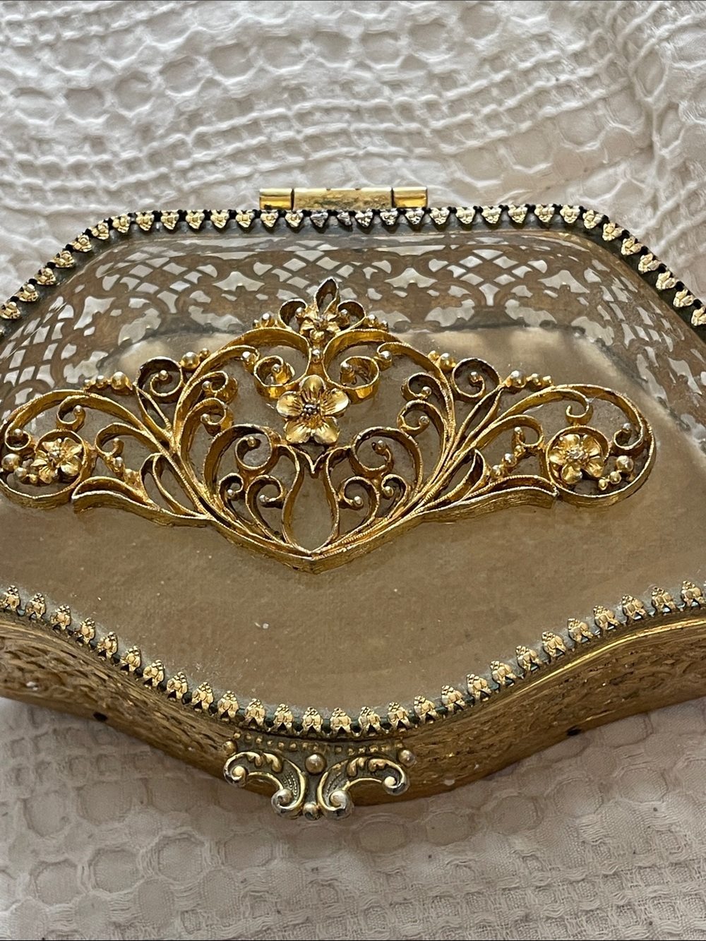 Ornate Gold Filigree Glass Jewelry Box